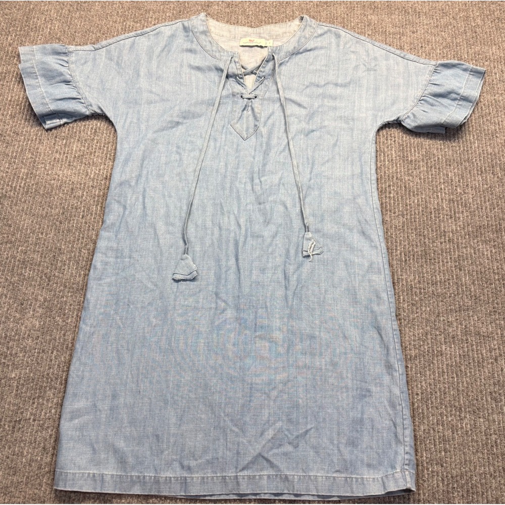 Vineyard Vines Womens Blue Tencel Linen Lace Up Ruffle Sleeve Shift Dress Size 2